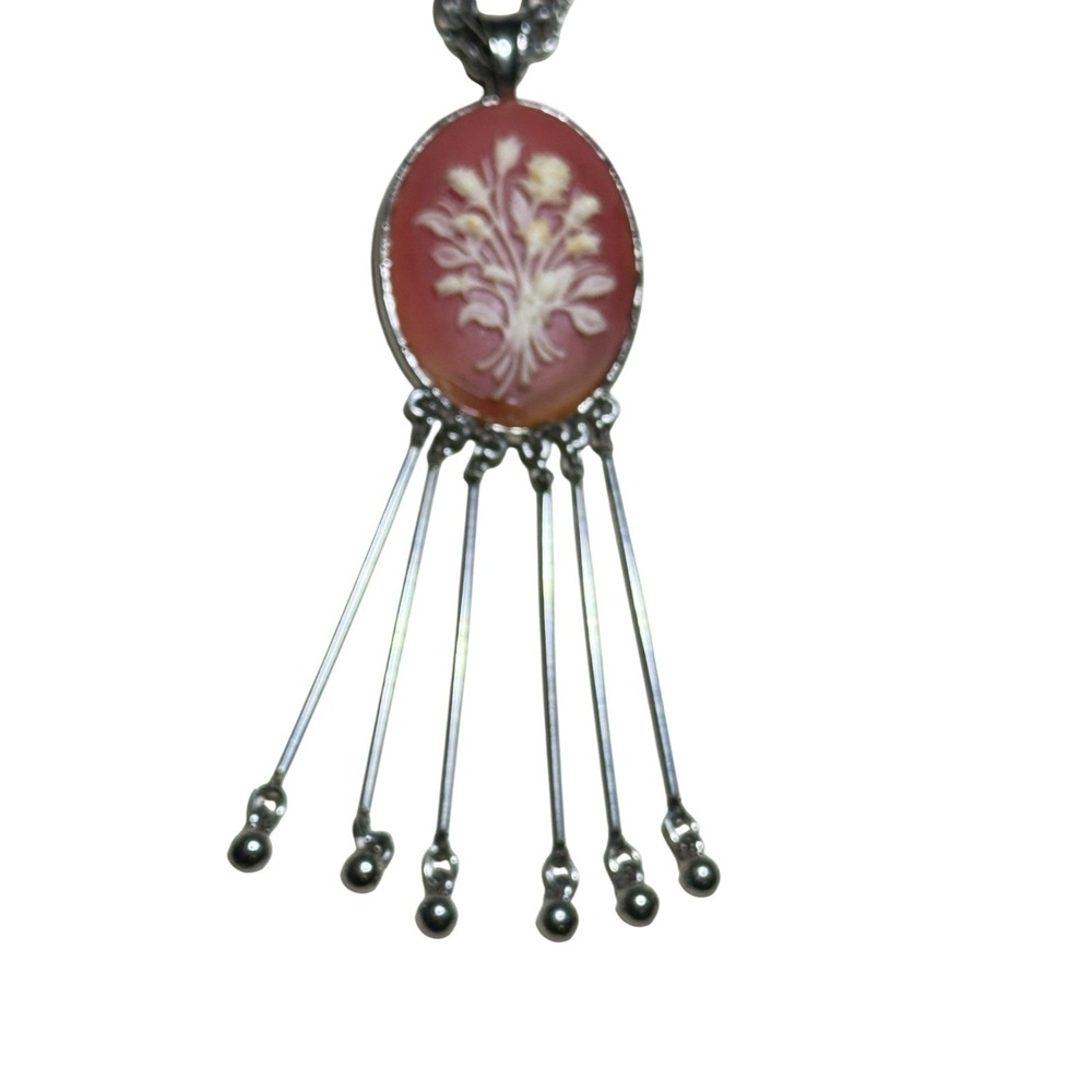 Vtg Pink Floral Cameo Pendant Necklace Fringe Tassel Boho Retro Statement
